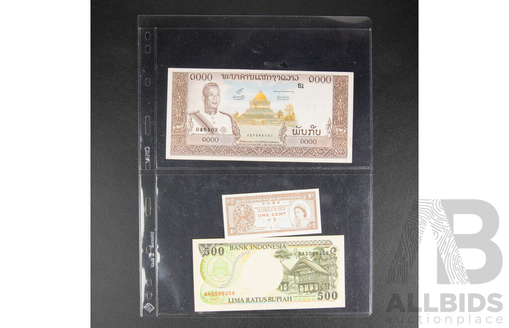 Collection of International Banknotes Including Singapore, Germany, Indonesia, Poland, Paraguay, Egypt, Hong Kong, Laos