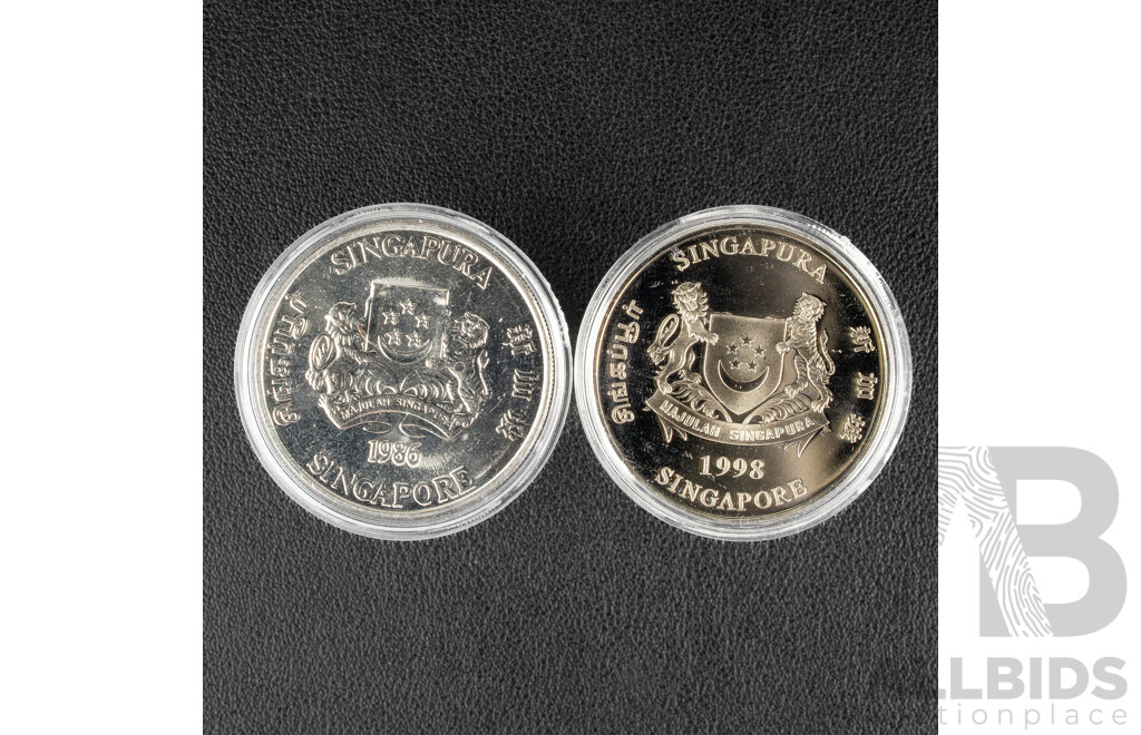 Singapore 1986-1998 Ten Dollar Coin Set, Year of the Tiger (1986 Silver) .500