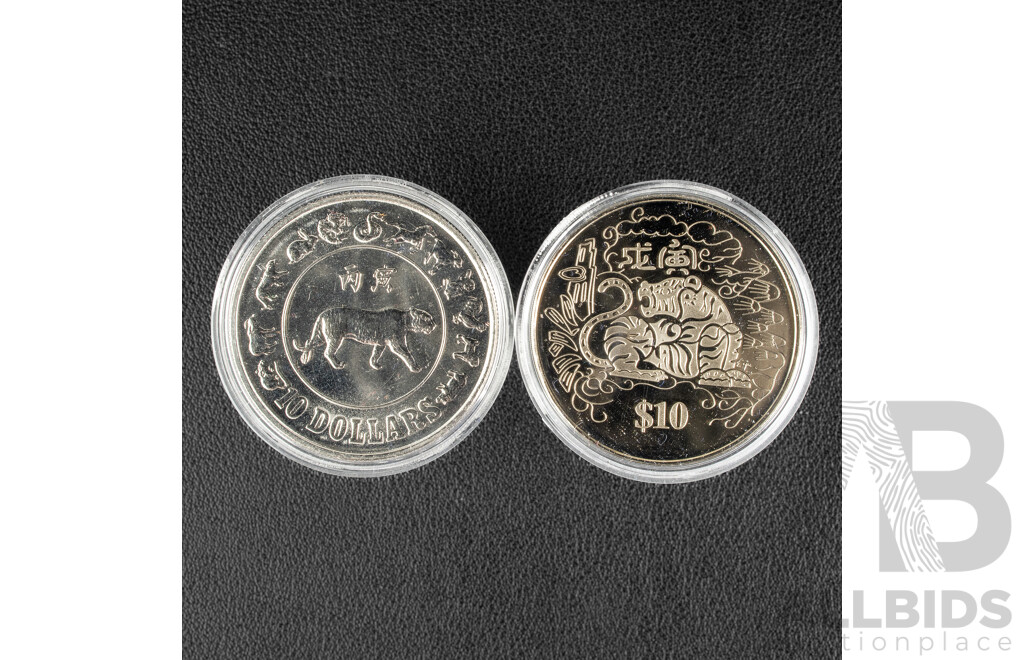Singapore 1986-1998 Ten Dollar Coin Set, Year of the Tiger (1986 Silver) .500