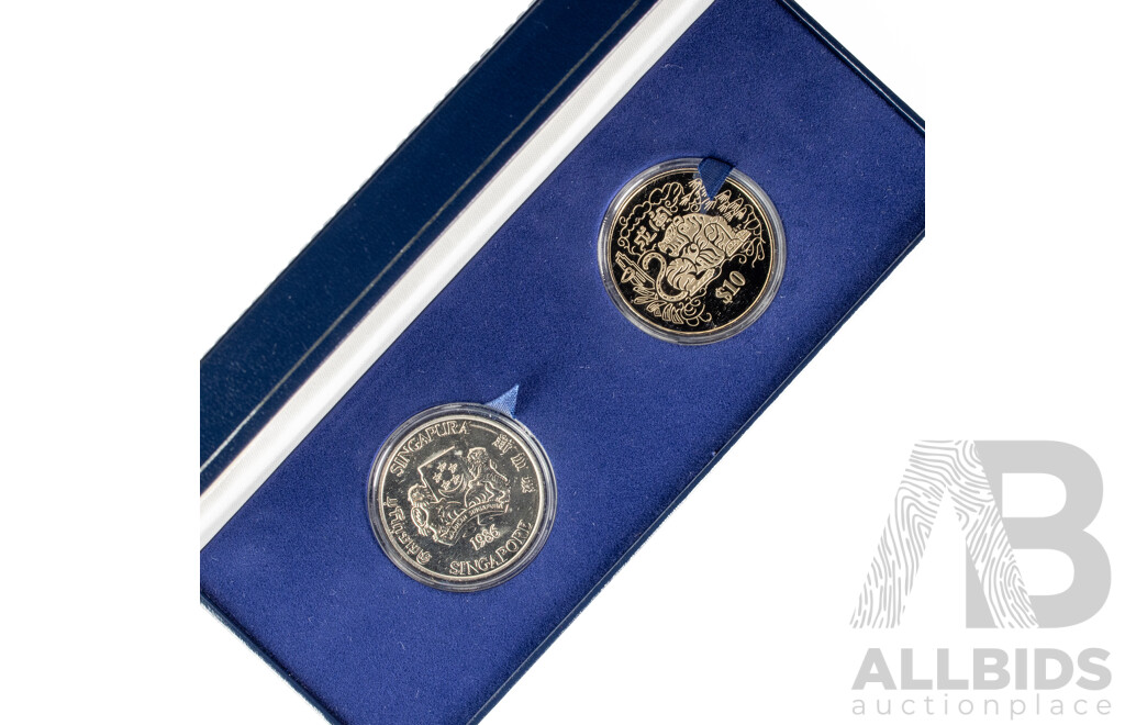 Singapore 1986-1998 Ten Dollar Coin Set, Year of the Tiger (1986 Silver) .500