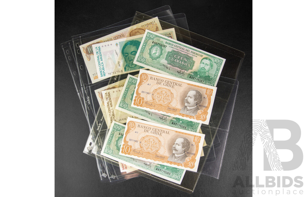 Collection of Banknotes, Chile, Paraguay and Argentina Including Consecutives