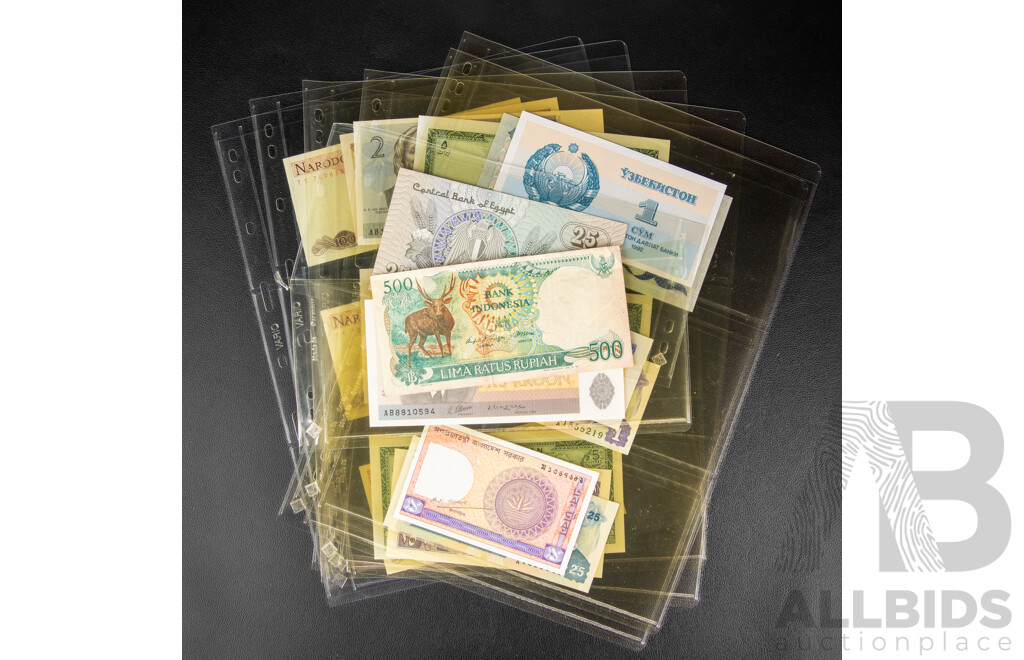 Collection of International Banknotes Including Ukraine, Lithuania, Cambodia, Bangladesh, Nicaragua, Lebanon, Sudan, Poland, Indonesia, Egypt