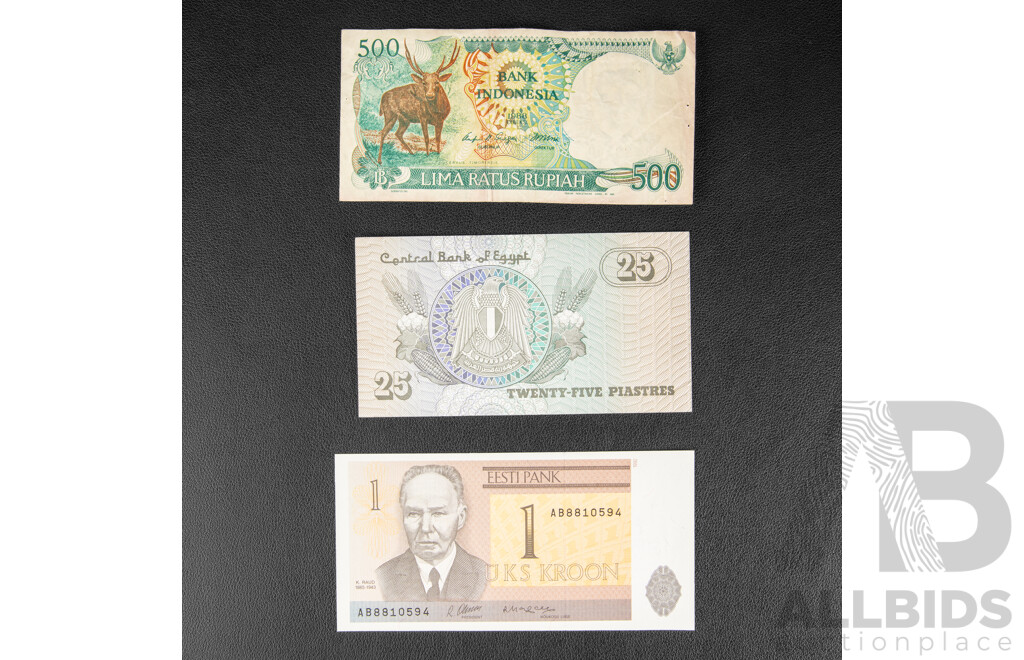 Collection of International Banknotes Including Ukraine, Lithuania, Cambodia, Bangladesh, Nicaragua, Lebanon, Sudan, Poland, Indonesia, Egypt