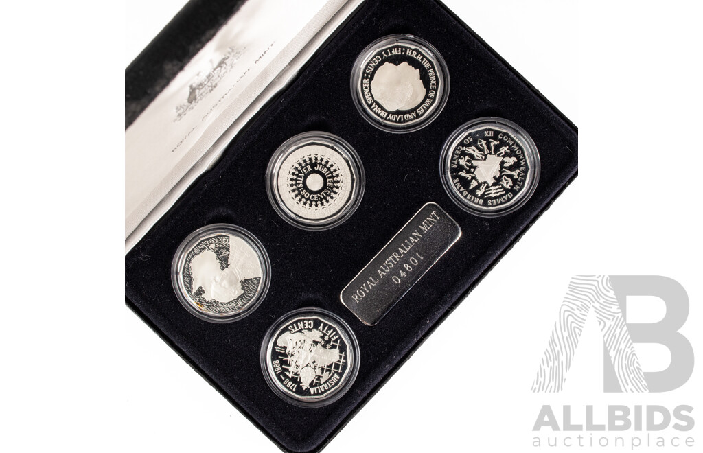 Australian RAM Masterpieces in Silver, Five Silver Commemorative Fifty Cent Coins, 1970, 1977, 1981, 1982 1989 .925