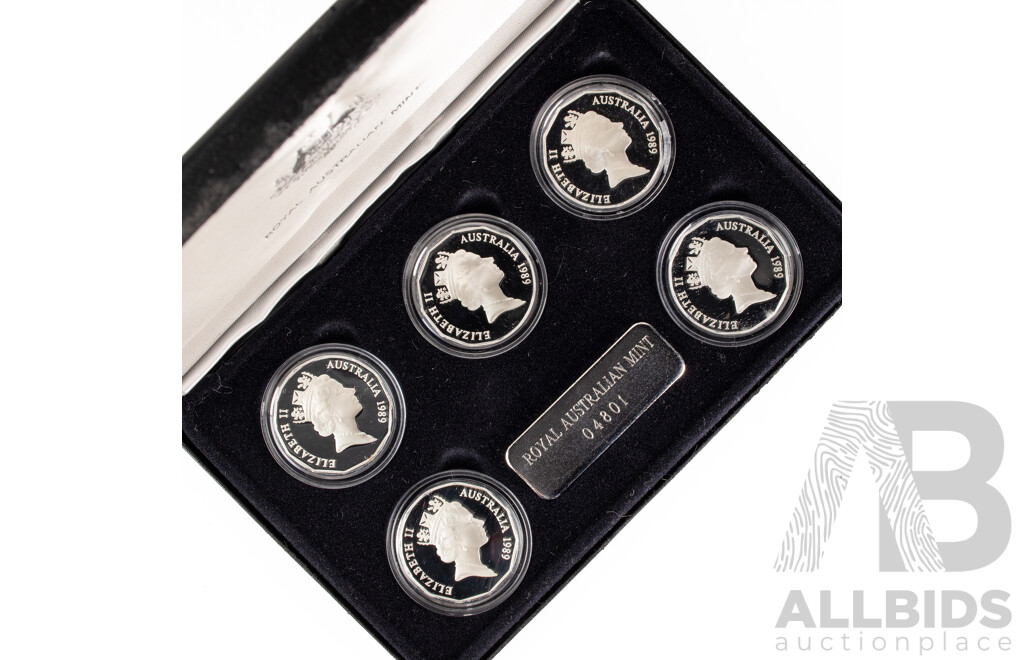 Australian RAM Masterpieces in Silver, Five Silver Commemorative Fifty Cent Coins, 1970, 1977, 1981, 1982 1989 .925