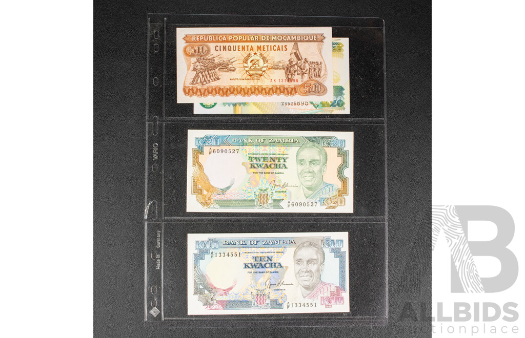 Collection of International Banknotes Including Tanzania, Zambia, Guyana, Sierra Leone, Suriname, Indonesia, Singapore