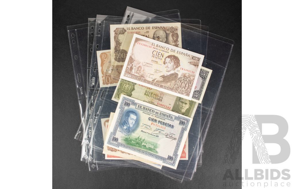 Collection of Vintage International Banknotes Including Spain, Venezuela, Bolivia, Uruguay, Ecuador, Chile
