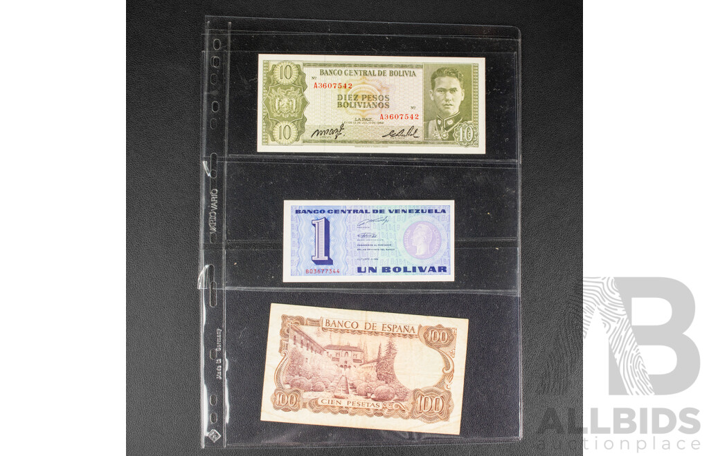Collection of Vintage International Banknotes Including Spain, Venezuela, Bolivia, Uruguay, Ecuador, Chile