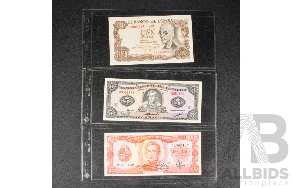 Collection of Vintage International Banknotes Including Spain, Venezuela, Bolivia, Uruguay, Ecuador, Chile