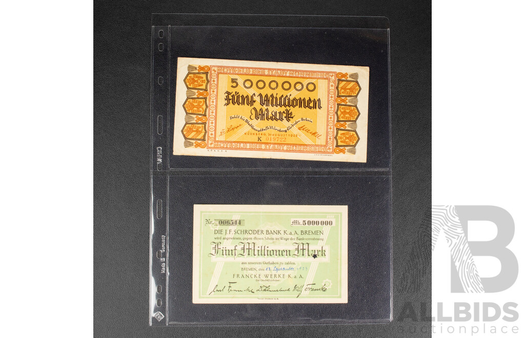 Collection of German 1922-1923 Banknotes Including Five Million Mark
