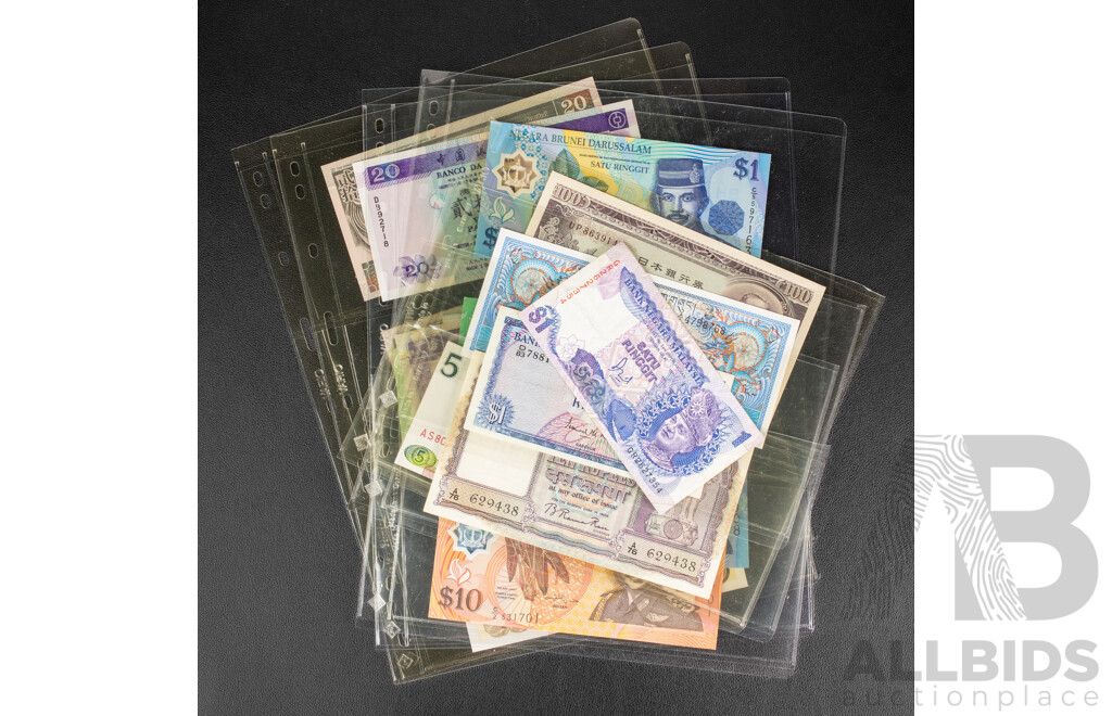 Collection of Banknotes Including Two Hong Kong Consecutive Twenty Dollar Notes, Japan, Philippines, China, Brunei, Bhutan, Malaysia, India