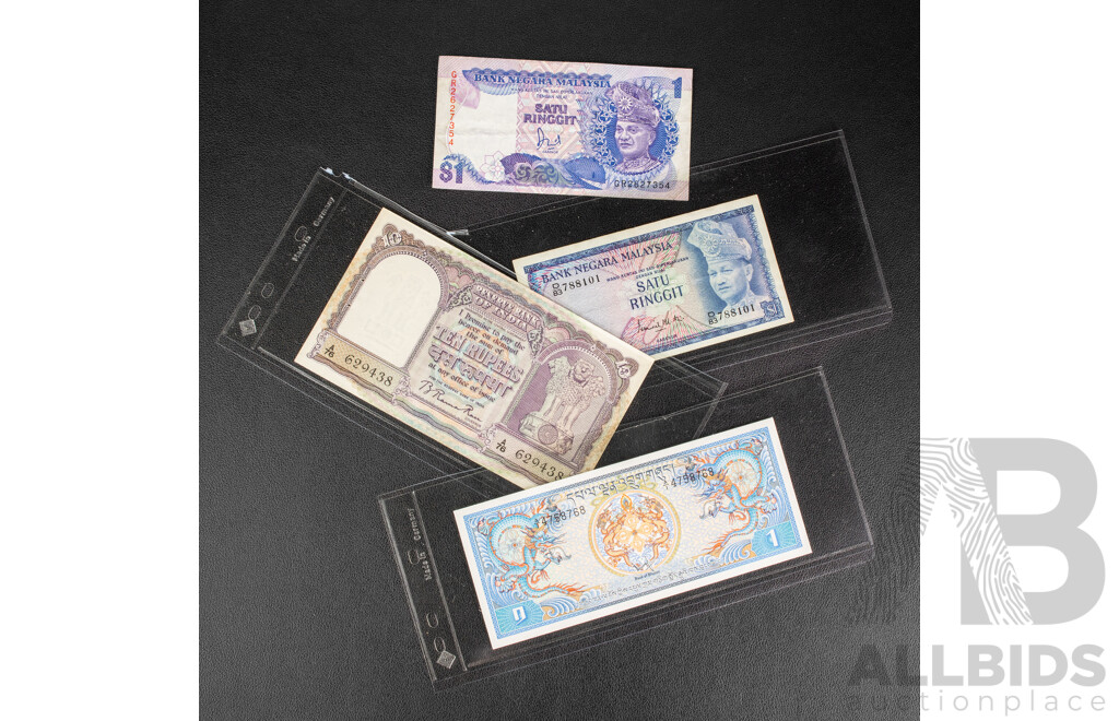 Collection of Banknotes Including Two Hong Kong Consecutive Twenty Dollar Notes, Japan, Philippines, China, Brunei, Bhutan, Malaysia, India