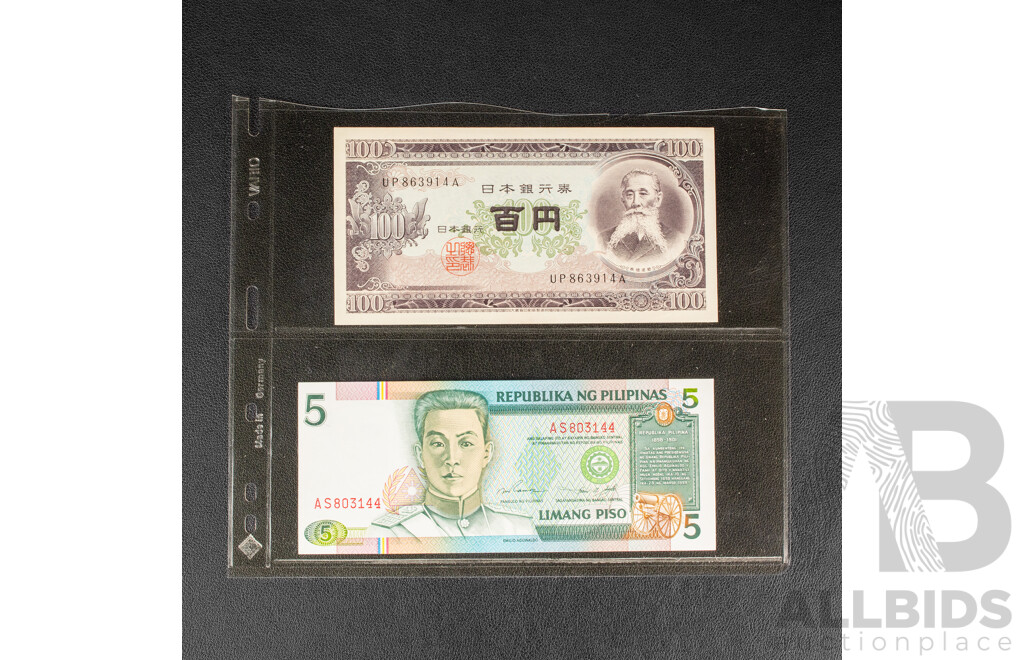 Collection of Banknotes Including Two Hong Kong Consecutive Twenty Dollar Notes, Japan, Philippines, China, Brunei, Bhutan, Malaysia, India