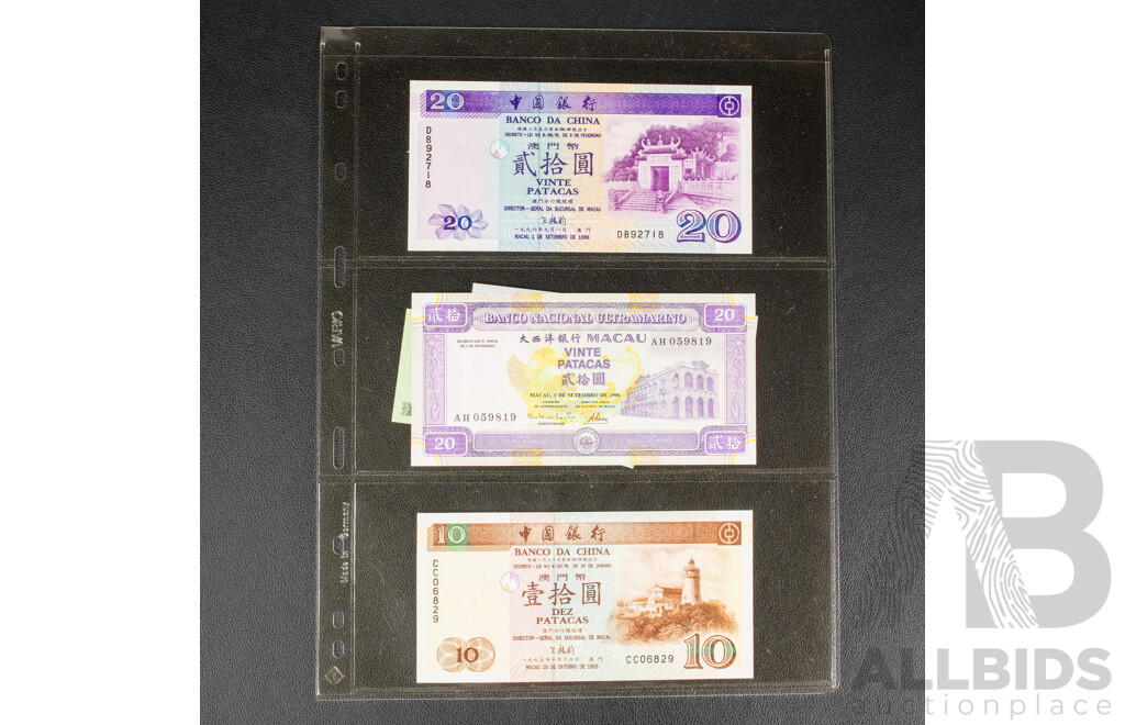 Collection of Banknotes Including Two Hong Kong Consecutive Twenty Dollar Notes, Japan, Philippines, China, Brunei, Bhutan, Malaysia, India