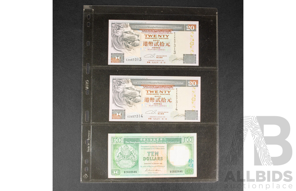Collection of Banknotes Including Two Hong Kong Consecutive Twenty Dollar Notes, Japan, Philippines, China, Brunei, Bhutan, Malaysia, India