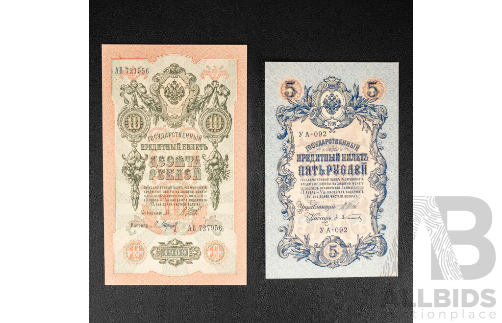 Russian 1909 Five and Ten Roubles Banknotes