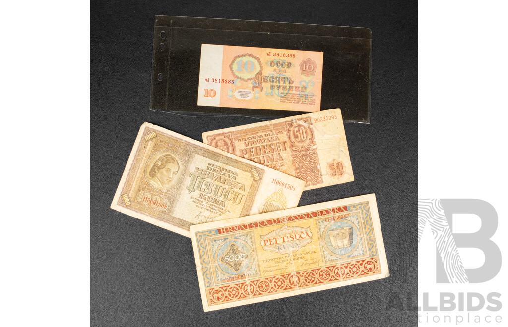 Collection of Vintage Banknotes Including Germany, Croatia, Poland, Russia
