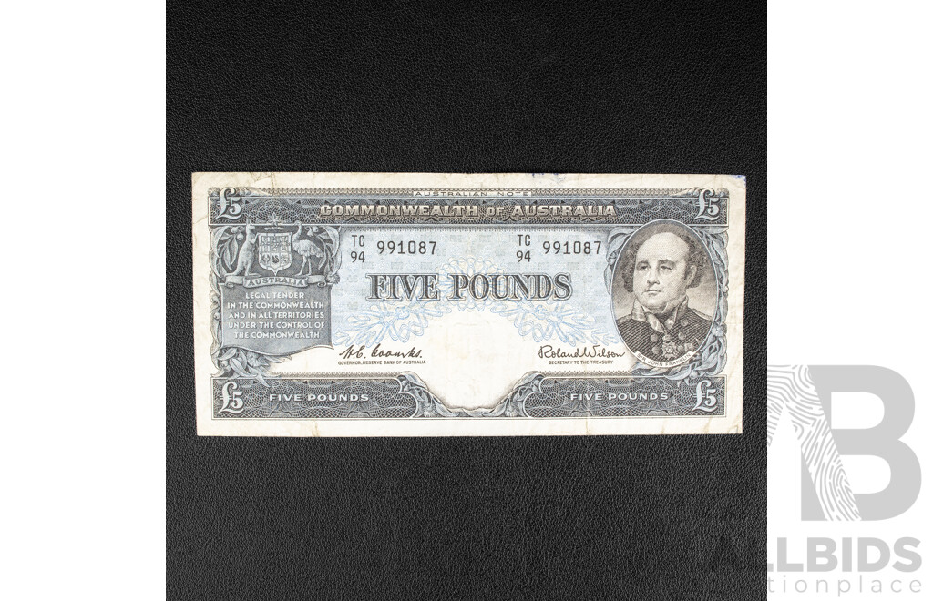 Australian 1960 Five Pound Note, R50 Coombs/Wilson, TC 94 991087