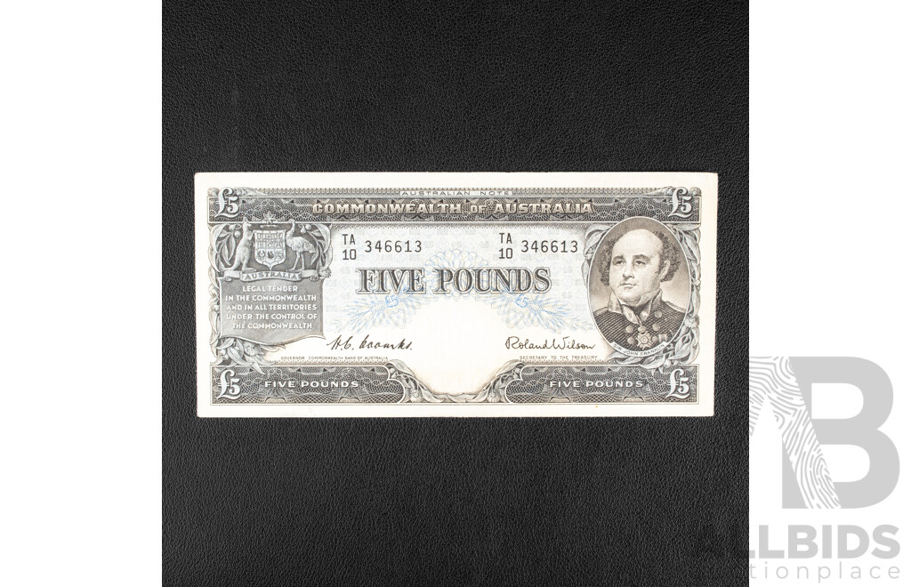 Australian 1954 Five Pound Note, R49 Coombs/Wilson, TA10 346613