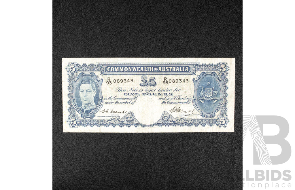Australian 1949 Five Pound Note, R47 Coombs/Watt, R93 089343