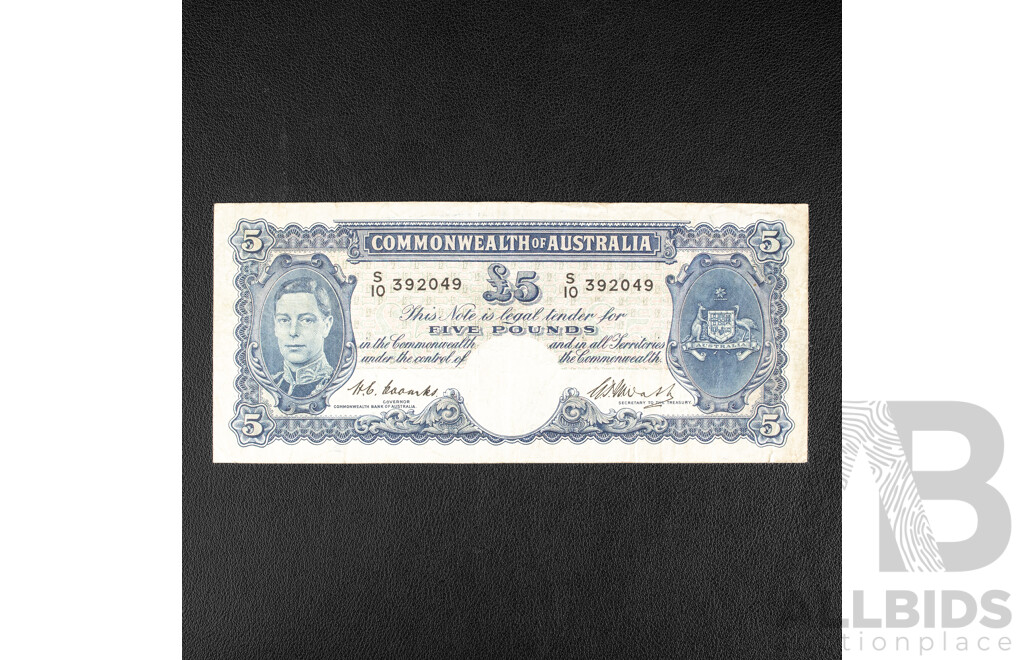 Australian 1949 Five Pound Note, R47 Coombs/Watt, S10 392049