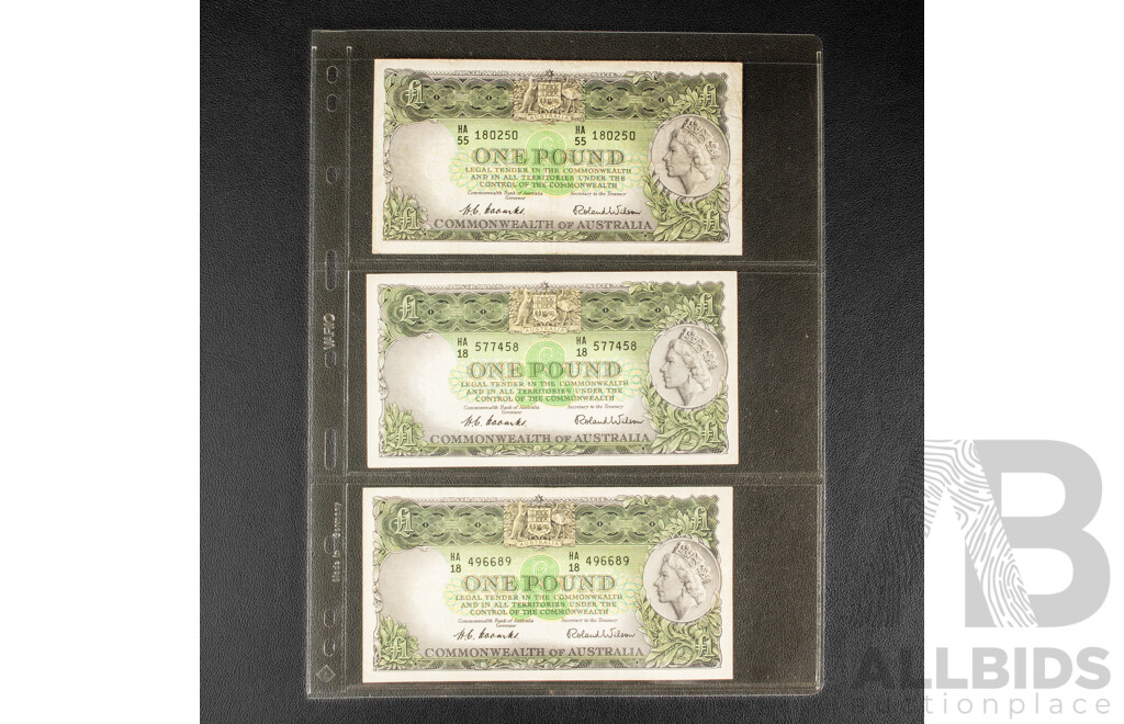 Three Australian 1953 One Pound Notes, R33 Coombs/Wilson