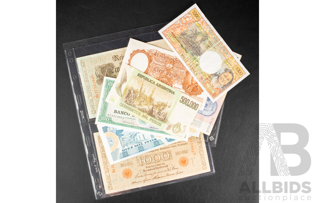 Collection of International Banknotes Including Two German 1910 One Thousand Marks, French Pacific Territory 1000 Francs, Peru, Argentina, Mozambique