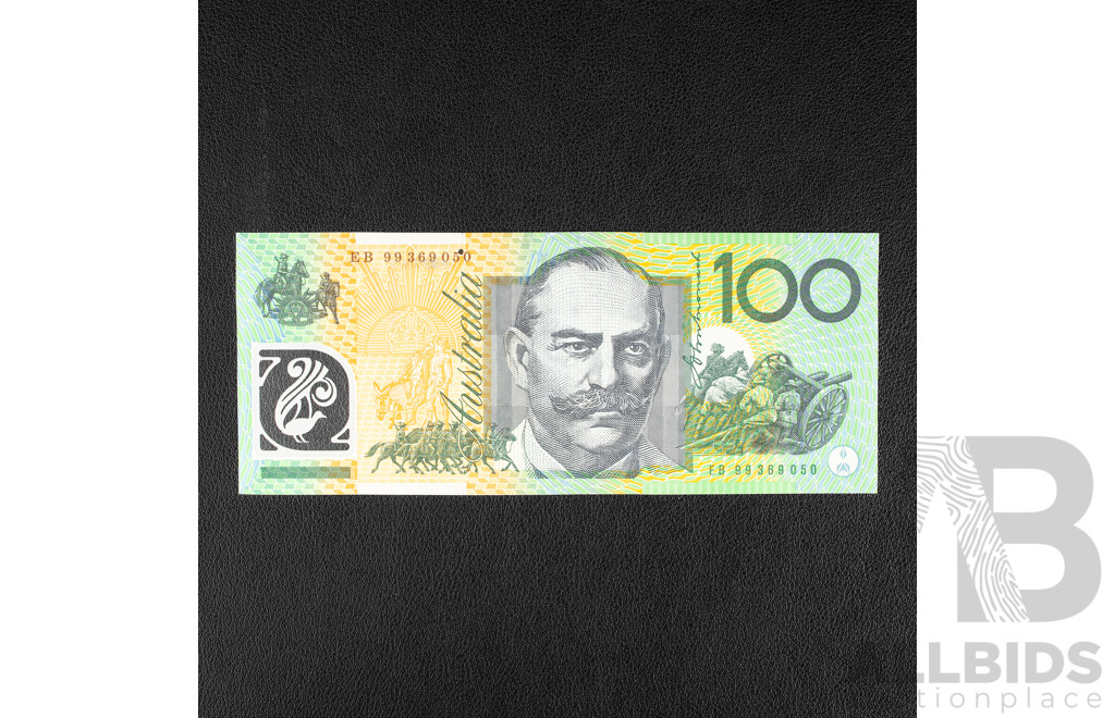 Australian 1999 UNC One Hundred Dollar Note, MacFarlane/Evans, Ink Splotch Near Serial