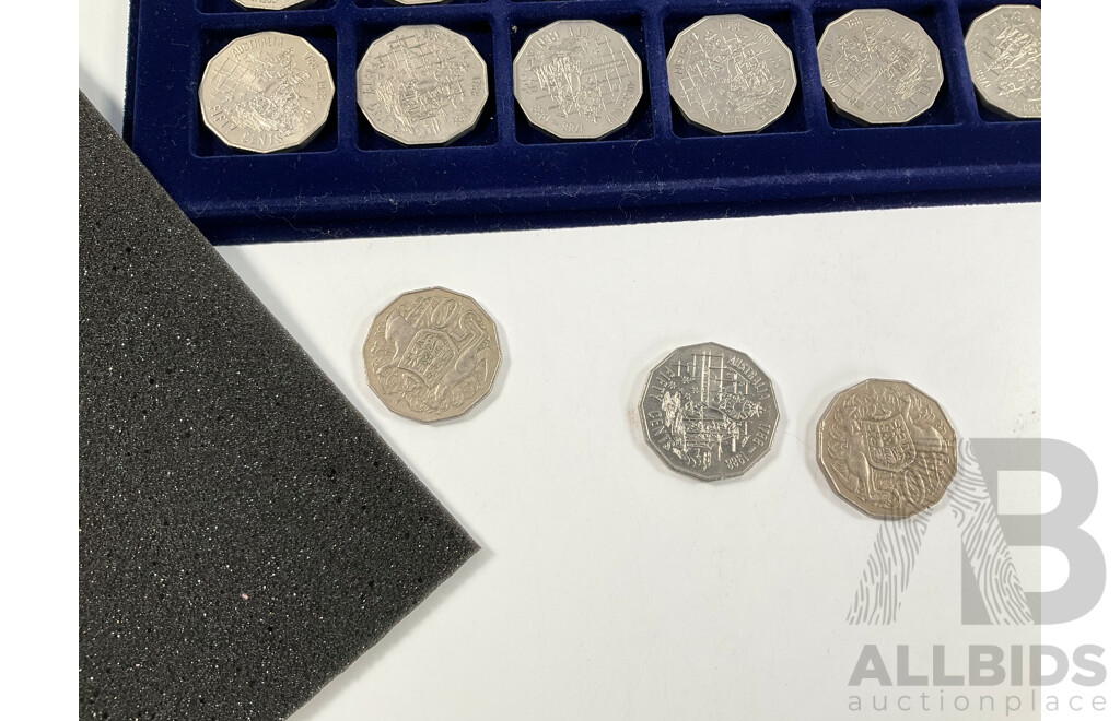 Numis Multi Tray Coin Album of Australian Fifty Cent Coins Including 1970 Cook, 1977 Jubilee, 1981 Charles and Diana, 1982 Commonwealth Games, 1988 Bicentennial, 1994 Australia Day, 1998 Bass/Flinders ................
