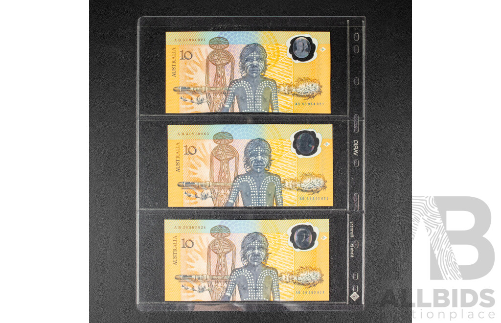Three Australian 1988 UNC Ten Dollar Notes, Bicentennial Fraser/Evans, R310bf