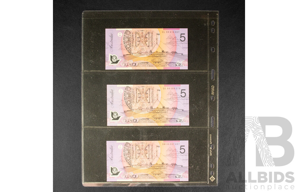 Three Australian 1998 UNC Five Dollar Notes, Fraser/MacFarlane,