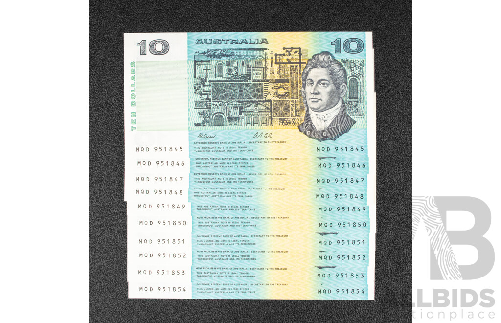 Ten Australian 1991 UNC Ten Dollar Notes, Fraser/Cole, R313a, Consecutive MQD951845 - MQD951854