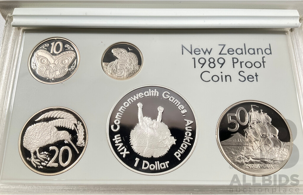 New Zealand 1989 Five Proof Coin Set, Commonwealth Games Including Silver One Dollar .925