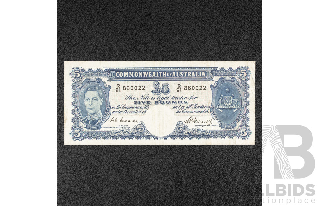 Australian 1949 Five Pound Note, R47 Coombs/Watt R91 860022