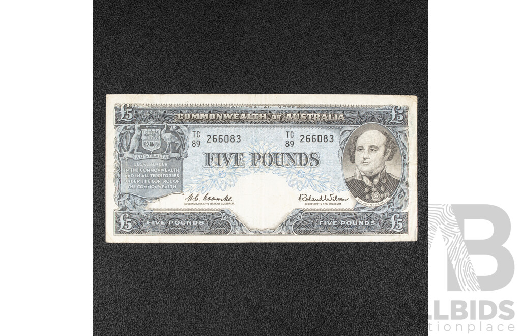 Australian 1960 Five Pound Note, R50 Coombs/Wilson TC 89 266083