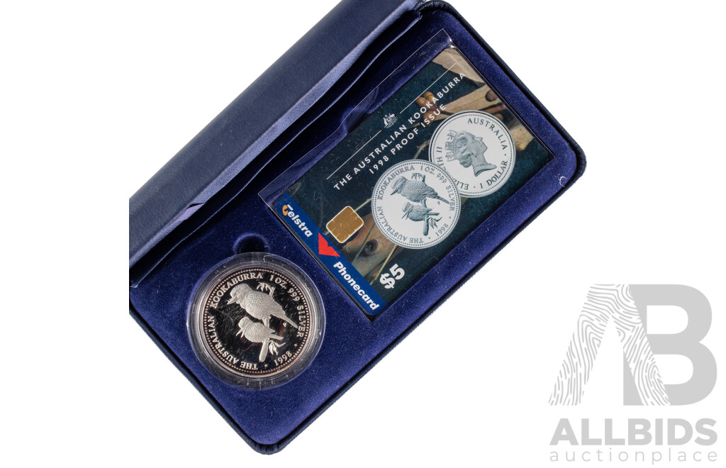 Australian Perth Mint 1998 Silver Proof One Dollar Coin and Five Dollar Phone Card Set, The Australian Kookaburra
