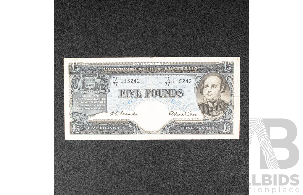 Australian 1959 Five Pound Note, R49 Coombs/Wilson TA 77 115242