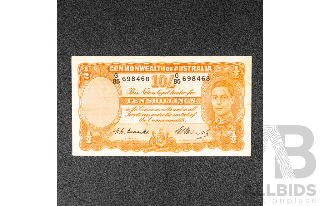 Australian 1949 Ten Shilling Note, R14 Coombs/Watt, First Prefix G85 698468