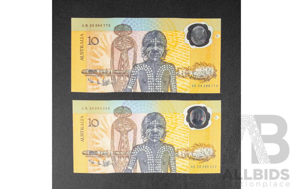 Two Australian 1988 Ten Dollar Notes, Bicentennial R310b, Fraser/Johnston