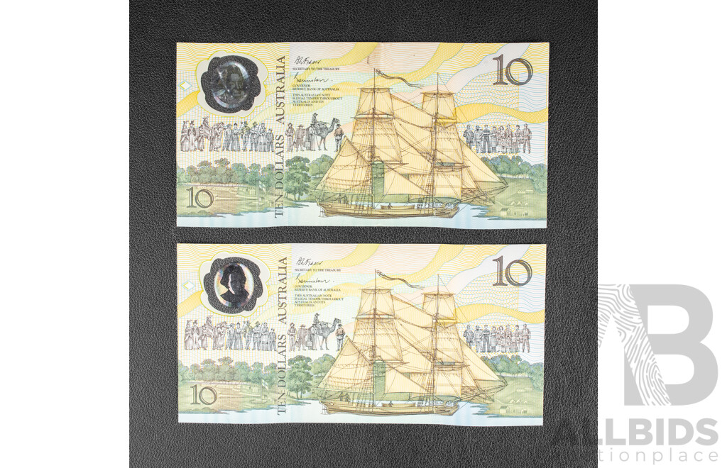 Two Australian 1988 Ten Dollar Notes, Bicentennial R310b, Fraser/Johnston
