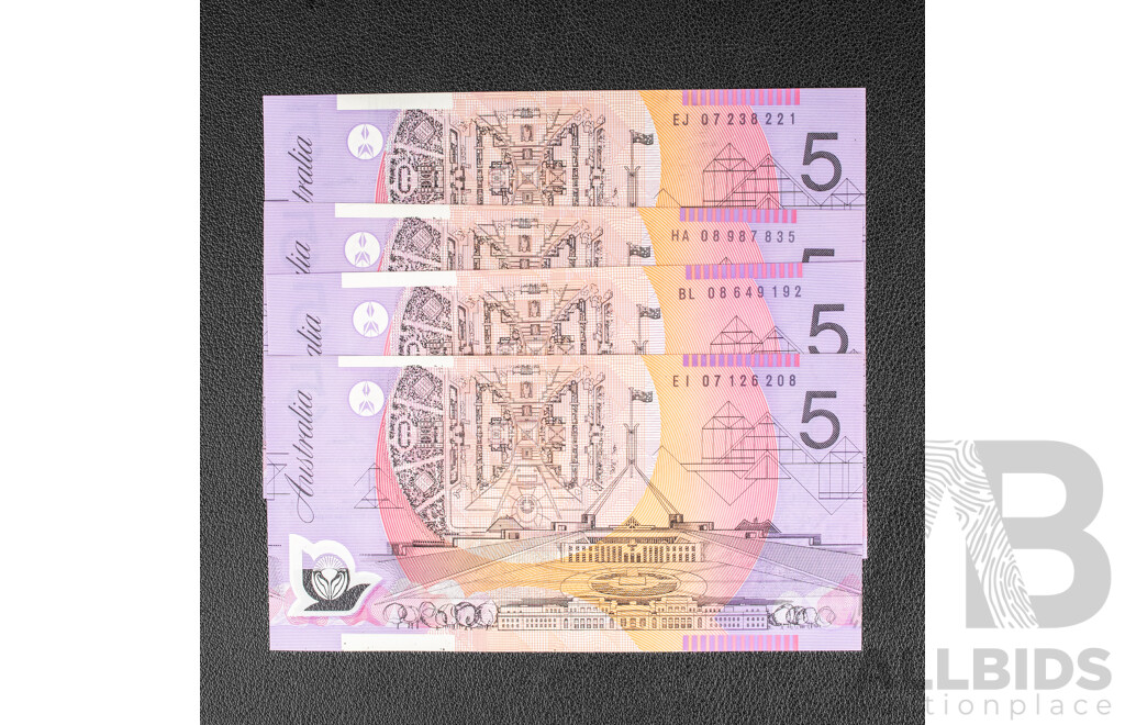 Four Australian 2007 and 2008 UNC Five Dollar Notes, Stevens/Henry