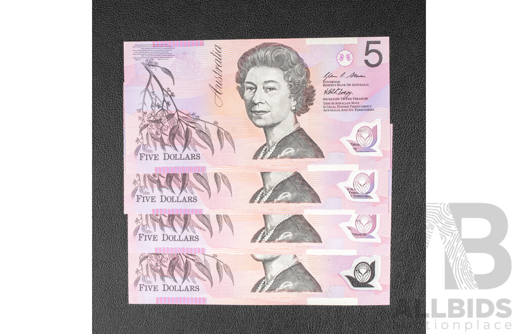 Four Australian 2007 and 2008 UNC Five Dollar Notes, Stevens/Henry