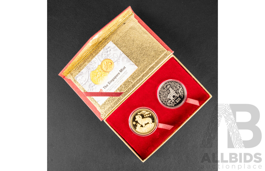 Singapore Mint 2003 Proof Like Ten Dollar Coin and 24ct Gold Plated Medallion Set, Lunar Year of the Goat