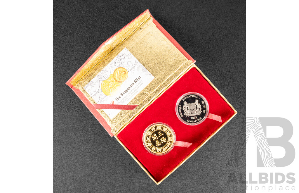 Singapore Mint 2003 Proof Like Ten Dollar Coin and 24ct Gold Plated Medallion Set, Lunar Year of the Goat