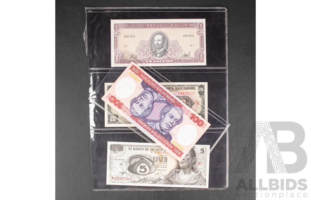 Four Vintage South American Bank Notes Including Mexico 1972 Five Pesos, Ecuador 1980 Twenty Sucres, Chile One Escudo, Brazil One Hundred Cruzeiros