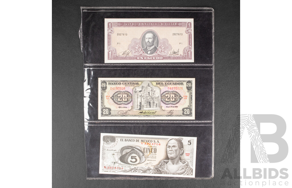 Four Vintage South American Bank Notes Including Mexico 1972 Five Pesos, Ecuador 1980 Twenty Sucres, Chile One Escudo, Brazil One Hundred Cruzeiros