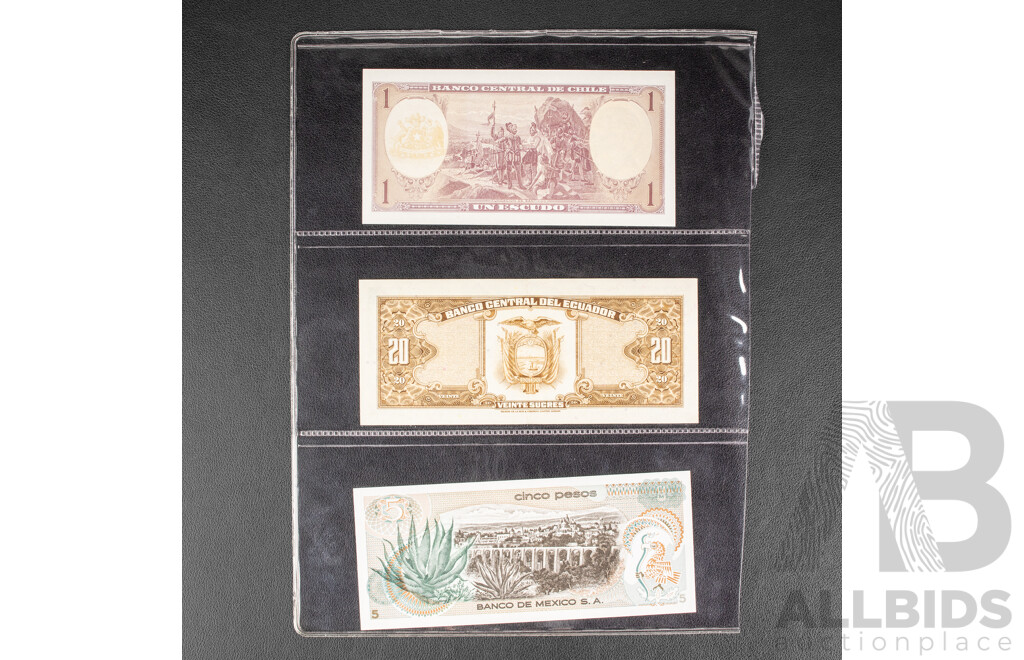 Four Vintage South American Bank Notes Including Mexico 1972 Five Pesos, Ecuador 1980 Twenty Sucres, Chile One Escudo, Brazil One Hundred Cruzeiros