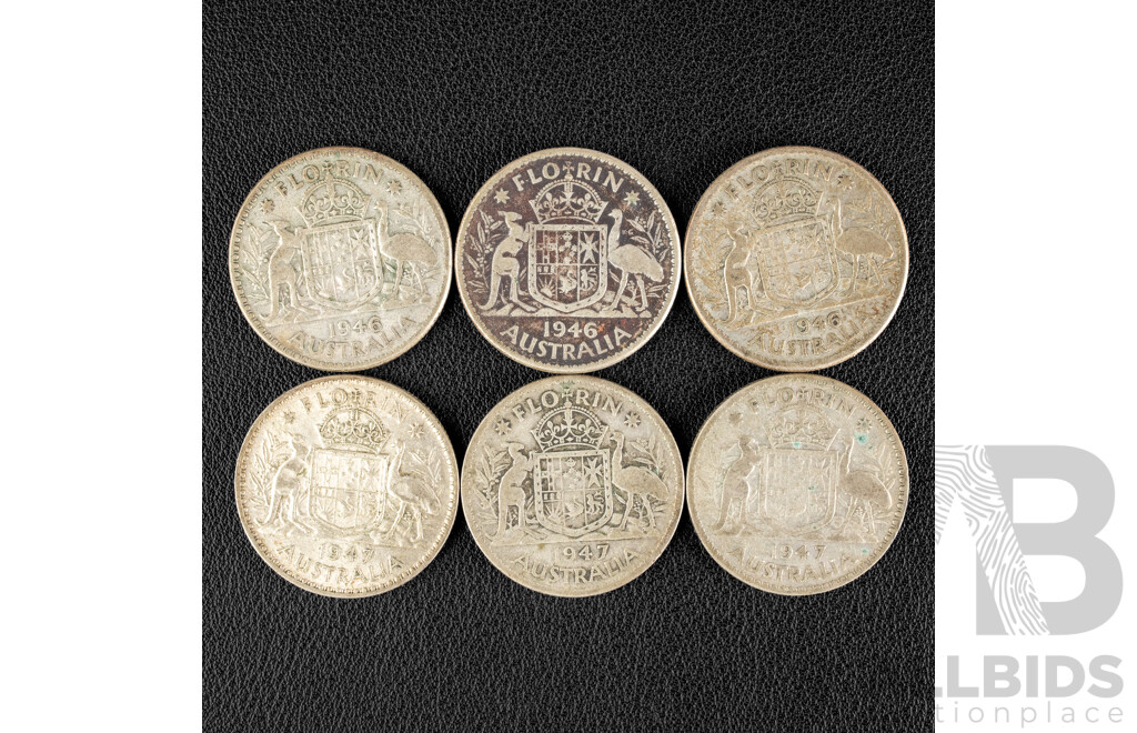 Six Australian KGVI Silver Florins Including Three 1946 and Three 1947 .500