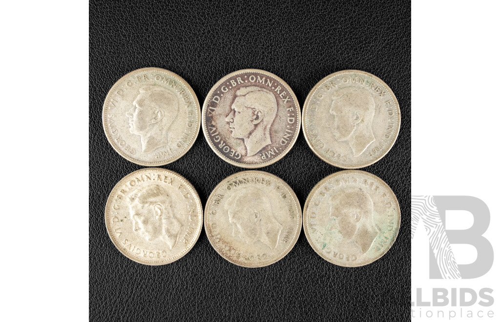 Six Australian KGVI Silver Florins Including Three 1946 and Three 1947 .500