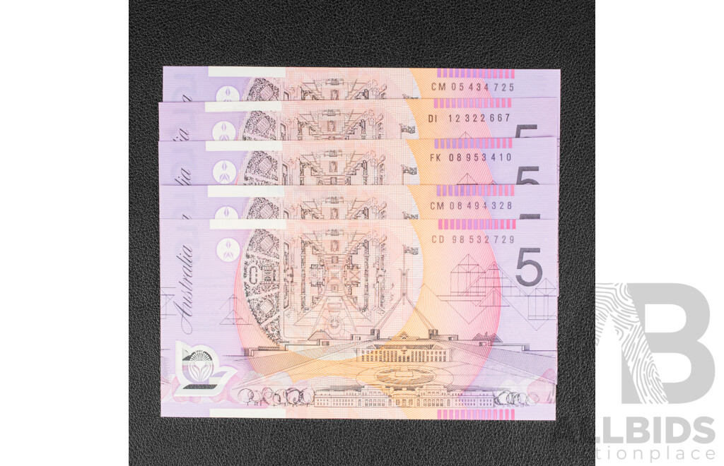 Five Australian UNC Five Dollar Banknotes Including 1998 Macfalane/Evans, 2005 Macfarlane/Henry, 2008 Stevens/Henry(2), 2012 Stevens/Parkinson